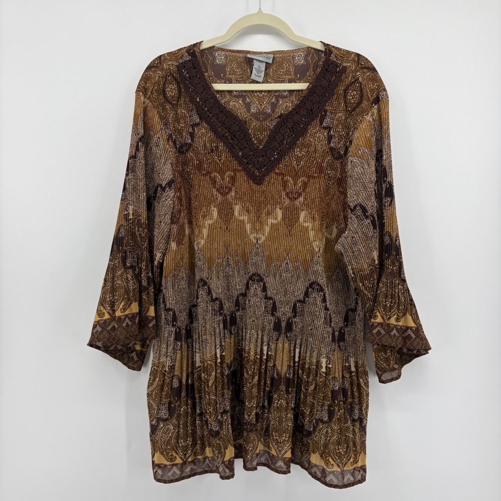 Maggie Barnes Catherines Womens 1X Brown Paisley Pleated Crochet V-Neck Blouse